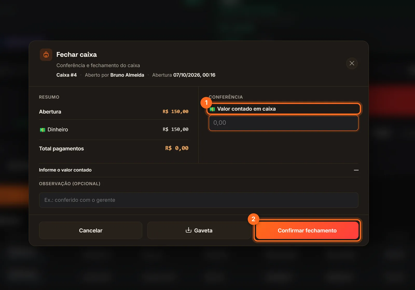 Janela de fechamento de caixa com o valor contado e Confirmar fechamento