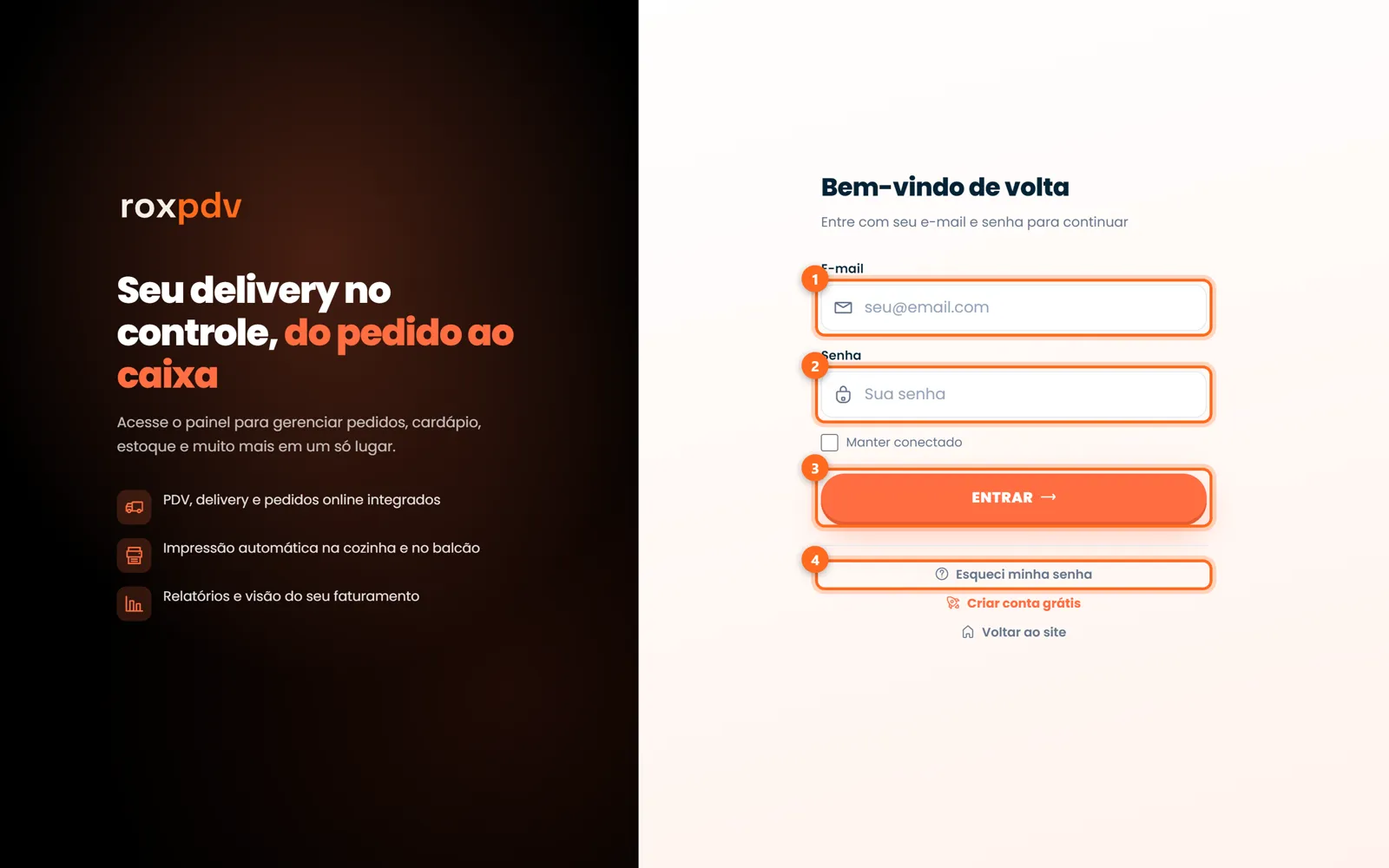 Tela de login com e-mail, senha, Entrar e Esqueci minha senha destacados