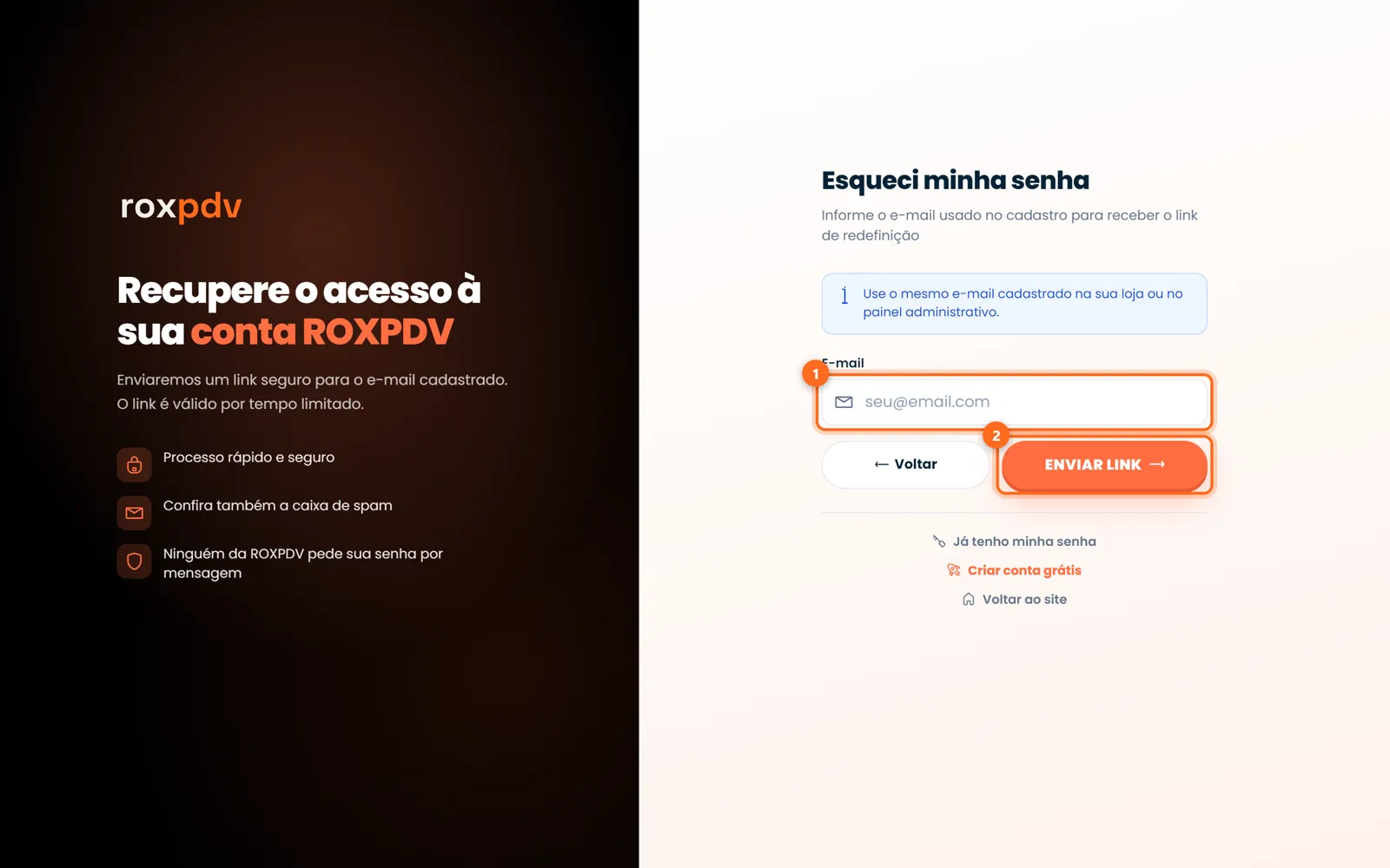 Tela Esqueci minha senha com o e-mail e Enviar link destacados