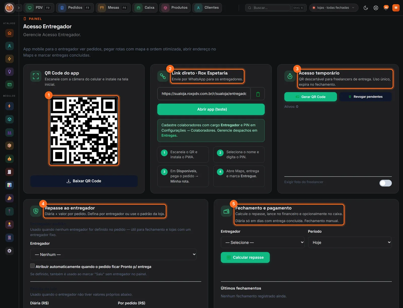 Tela Acesso Entregador com QR Code, link, acesso temporário, repasse e fechamento destacados