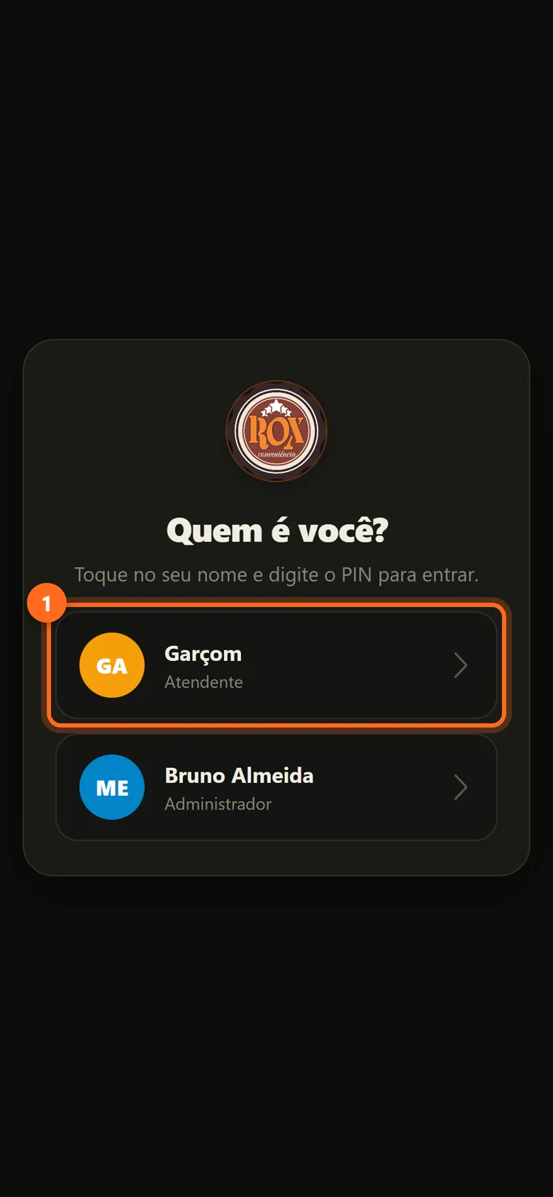 App do garçom com a lista de colaboradores e o nome do garçom destacado