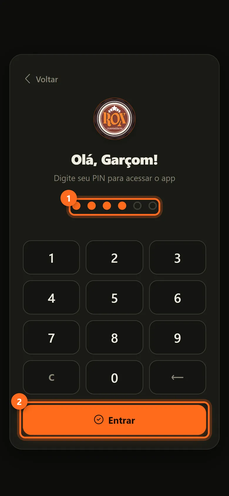 Teclado do PIN com os dígitos preenchidos e o botão Entrar destacados