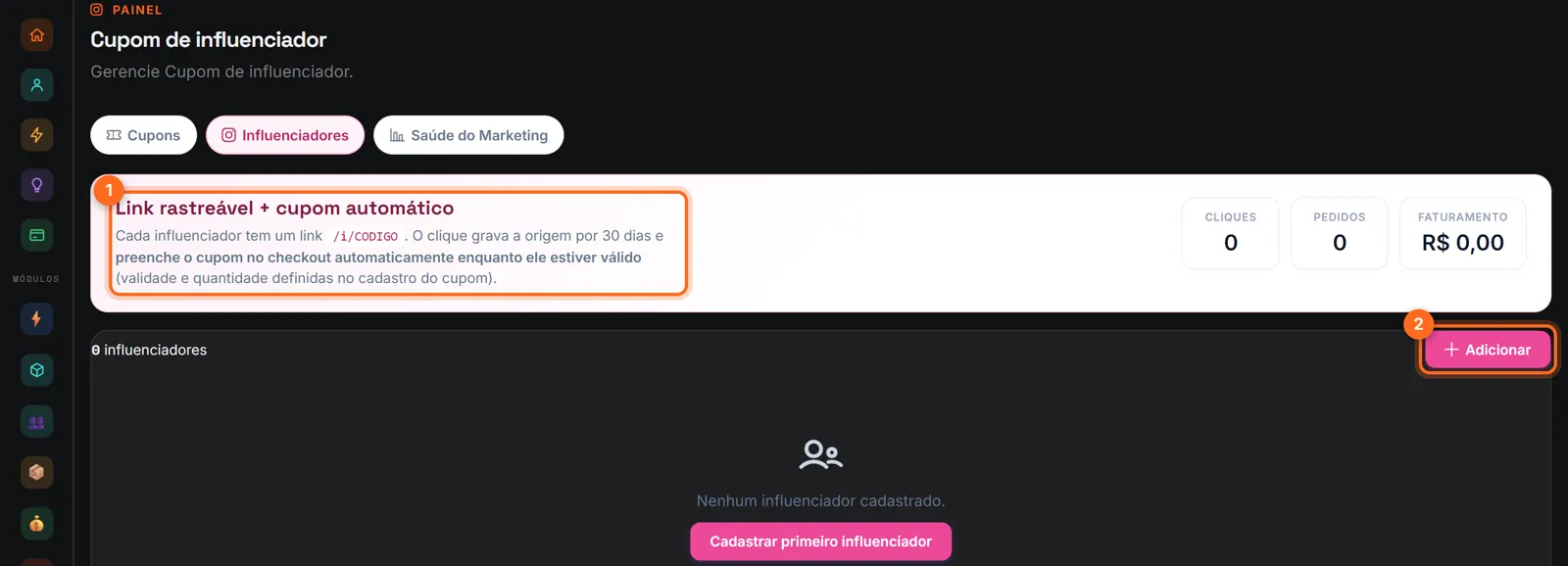 Cupom de influenciador com o resumo do link rastreável e o botão Adicionar destacados
