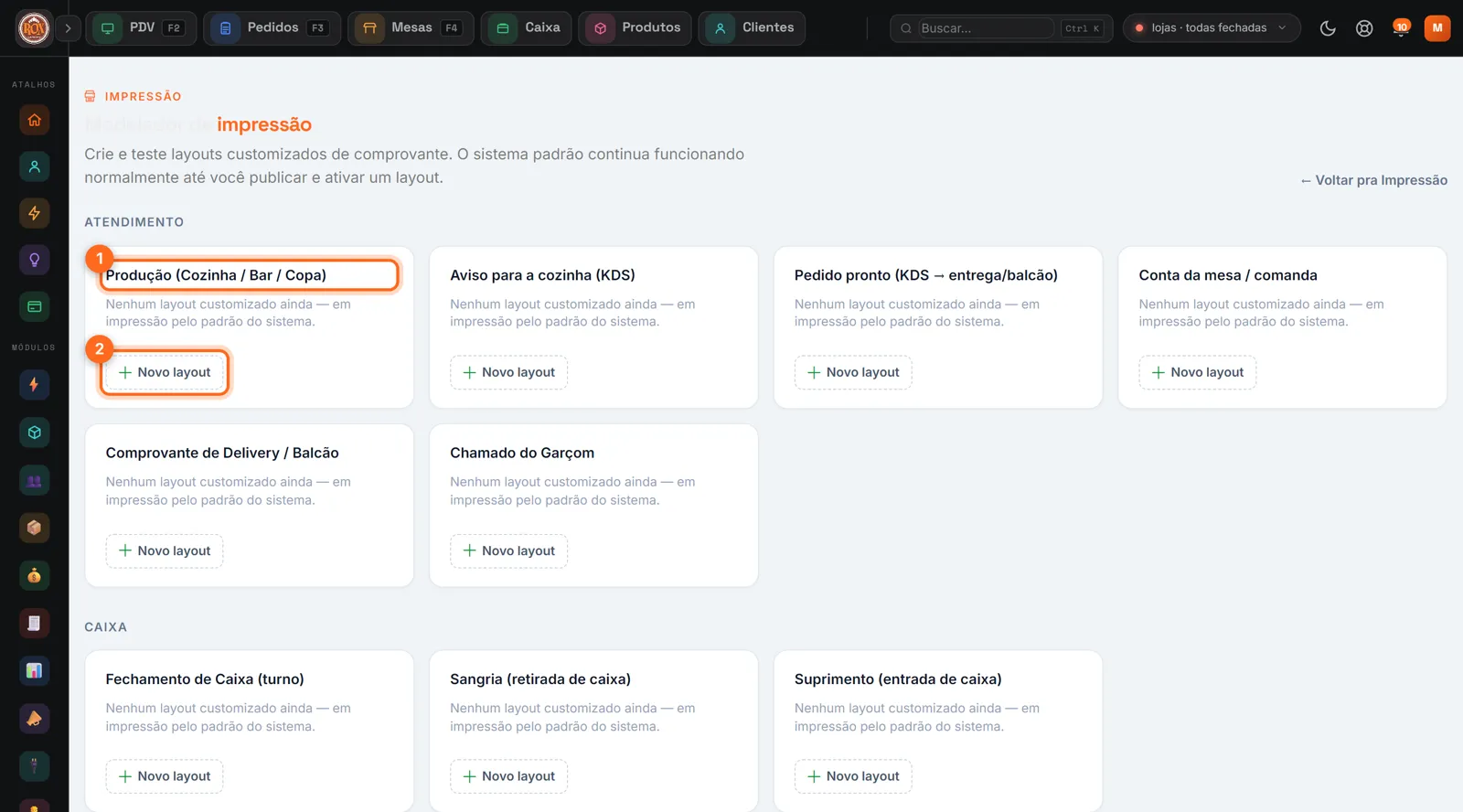 Modelador de impressão com um tipo de comprovante e Novo layout destacados
