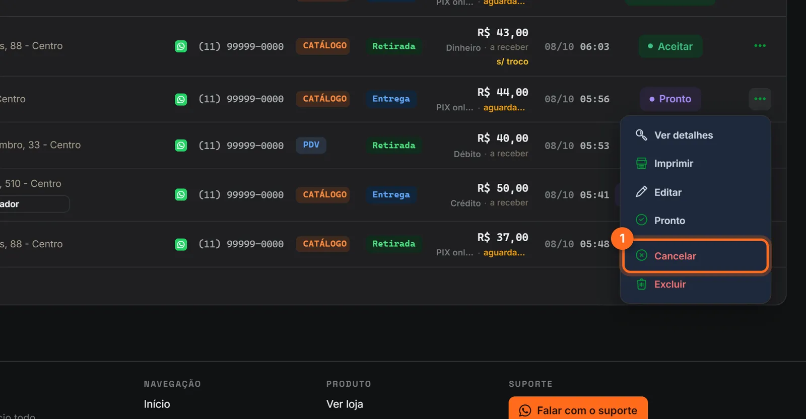 Menu de ações do pedido com a opção Cancelar destacada