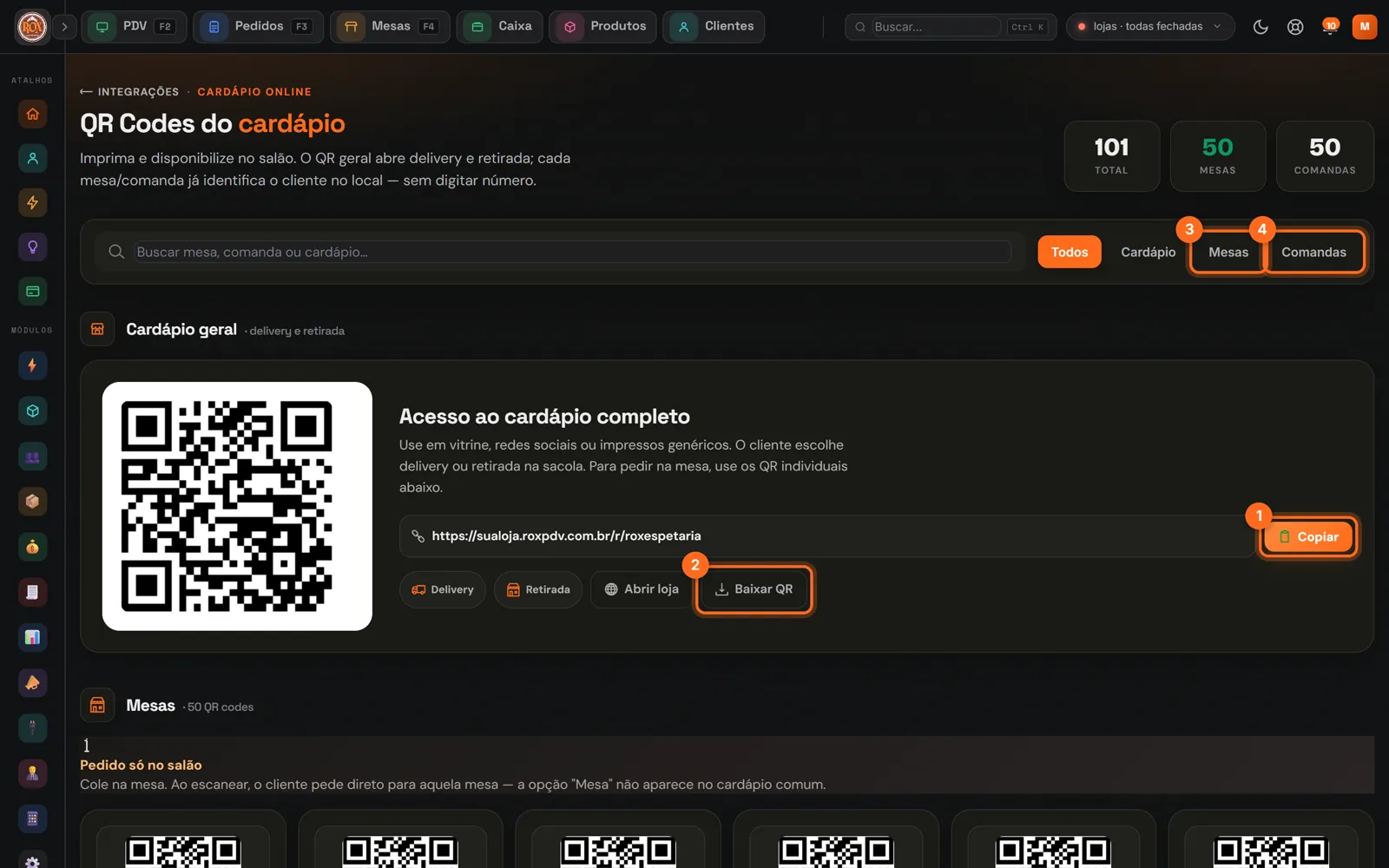 QR Codes do cardápio com Copiar, Baixar QR e as abas Mesas e Comandas destacados