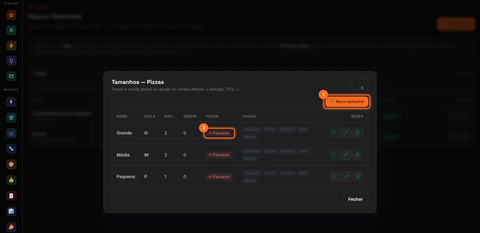 Tamanhos de um tipo com Novo tamanho e o status da venda destacados