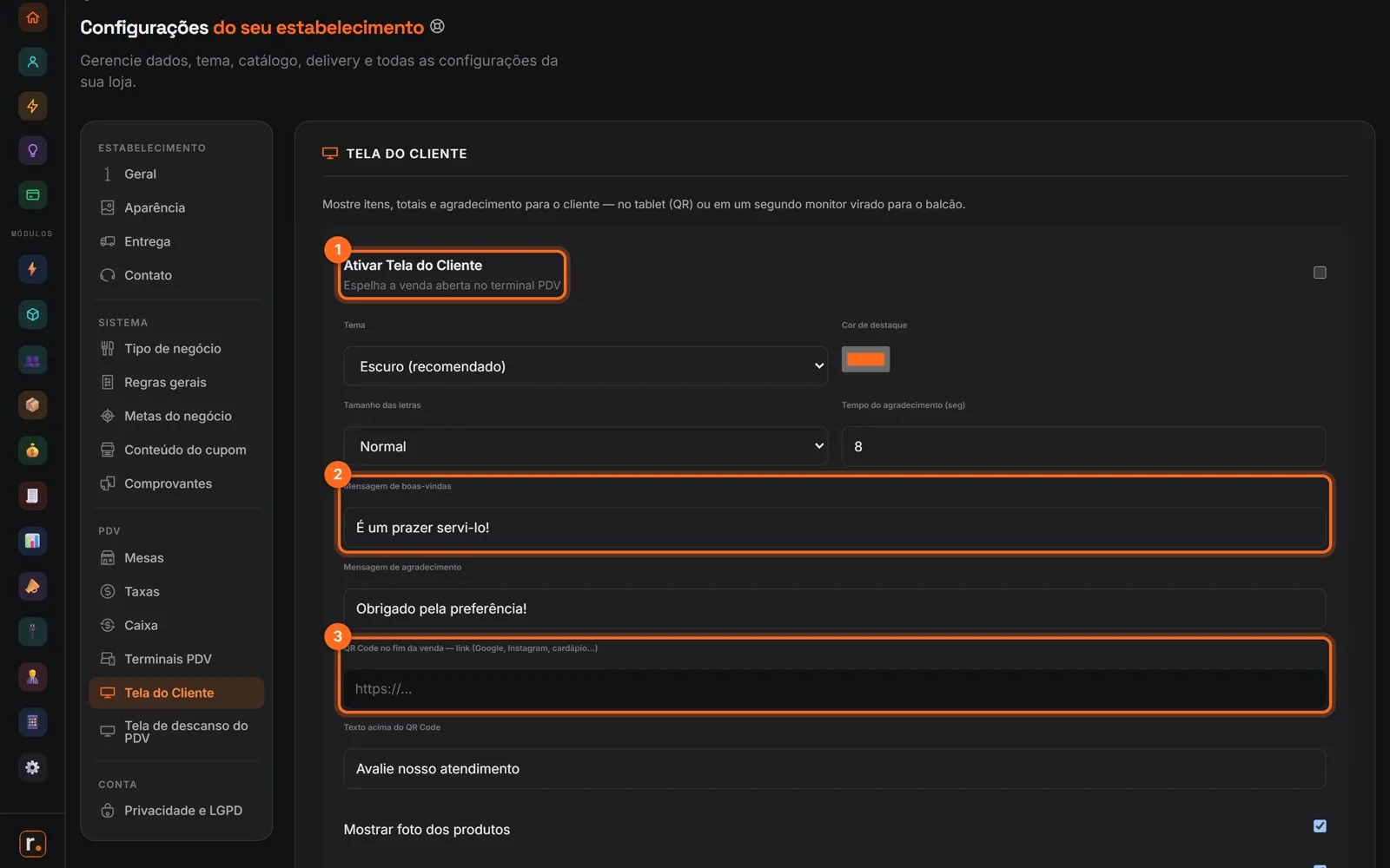 Configuração da Tela do Cliente com Ativar, mensagem de boas-vindas e QR Code no fim da venda destacados