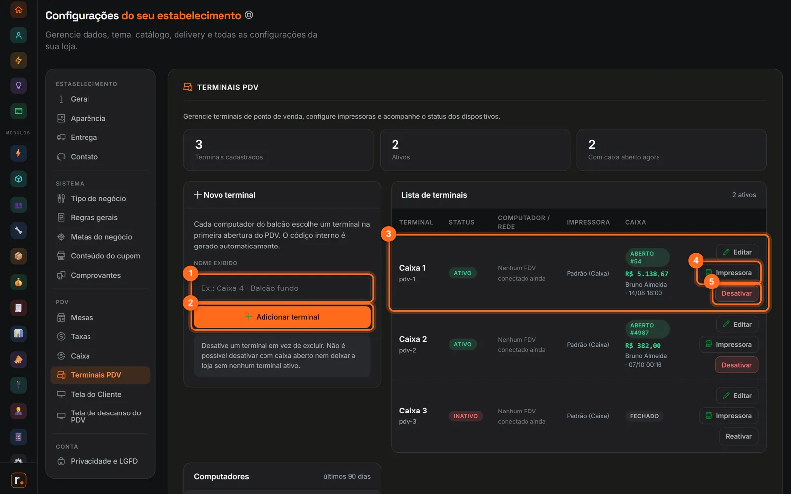 Terminais PDV com o nome, Adicionar terminal, a lista, Impressora e Desativar destacados