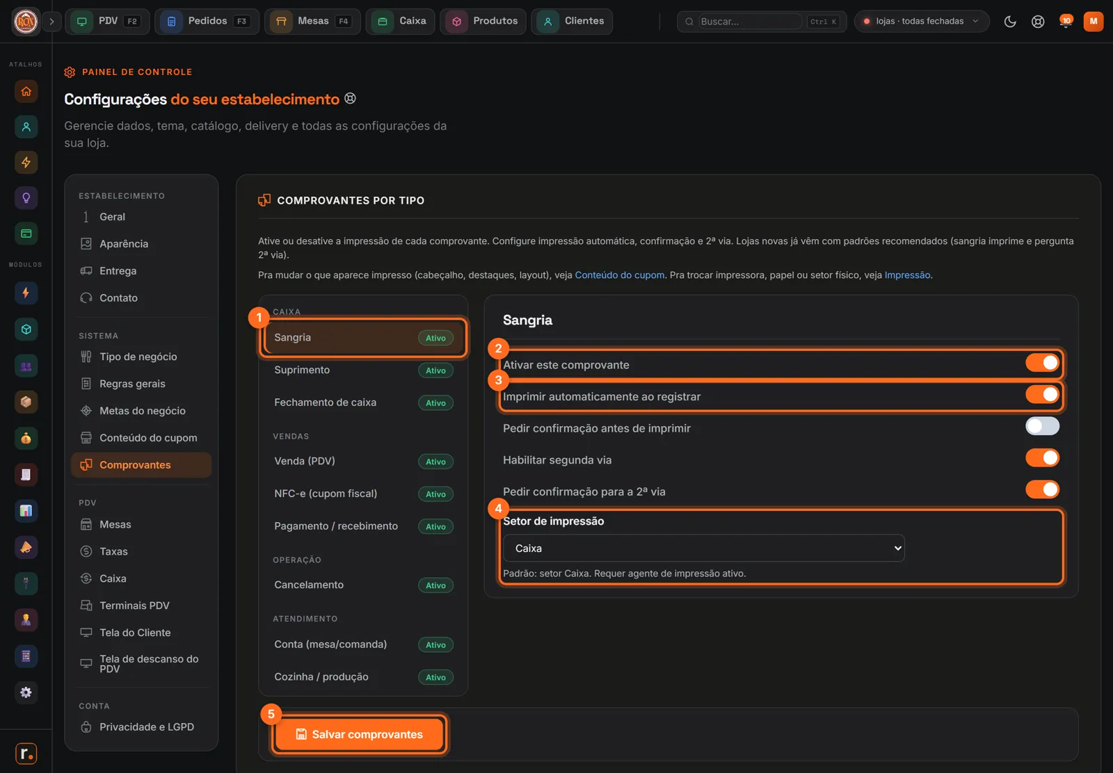 Comprovantes por tipo com a lista, ativar, imprimir automaticamente, setor e Salvar destacados