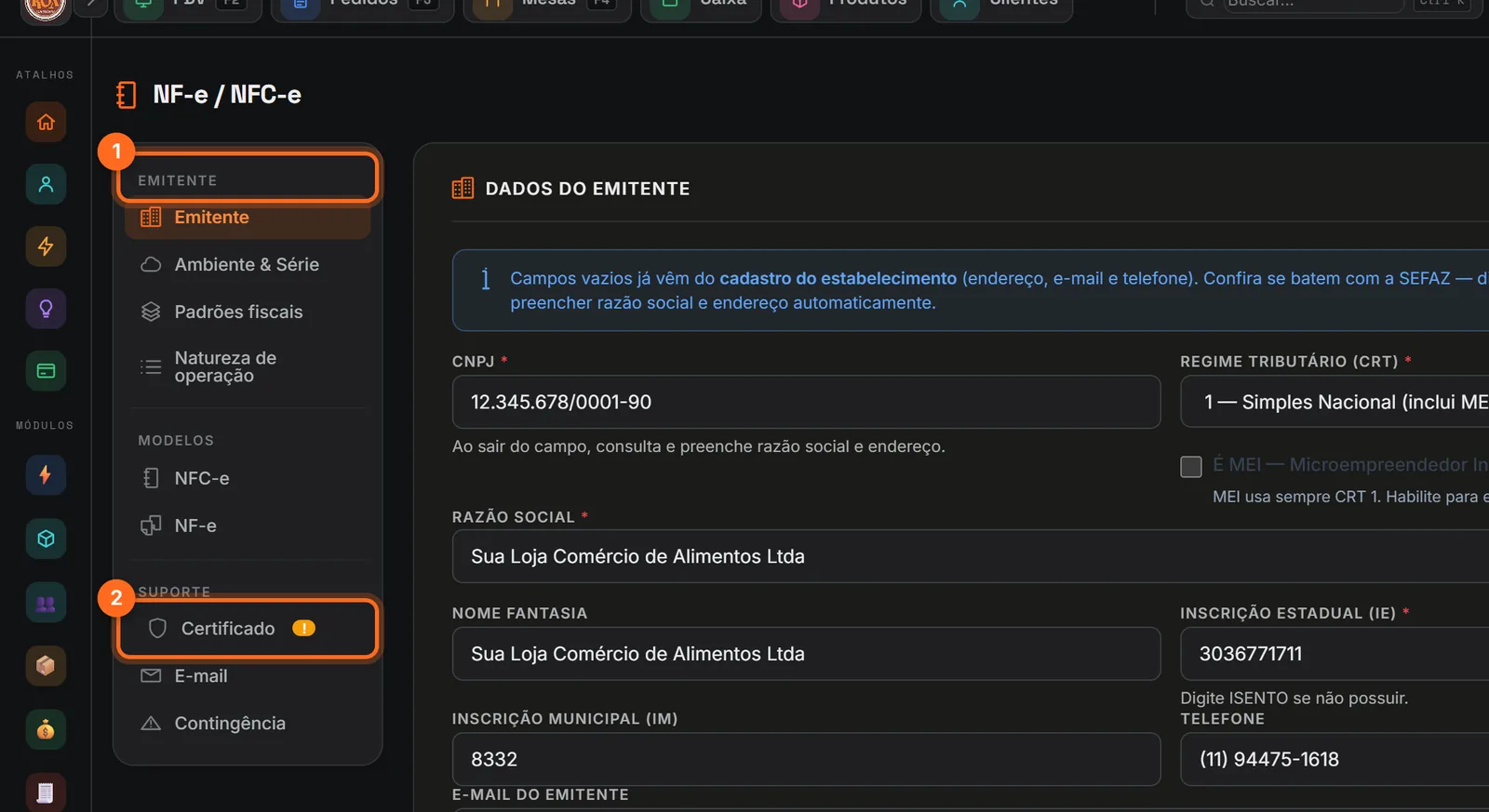 Tela de configuração fiscal com Emitente e Certificado destacados