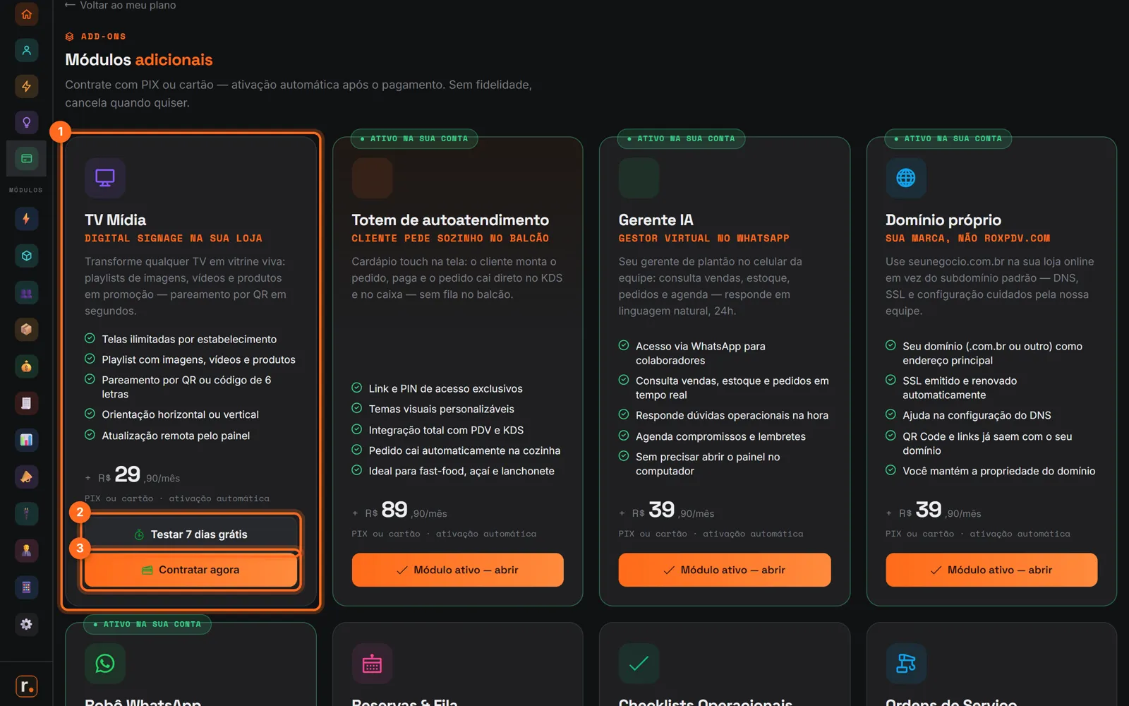 Módulos adicionais com um módulo, Testar 7 dias grátis e Contratar agora destacados