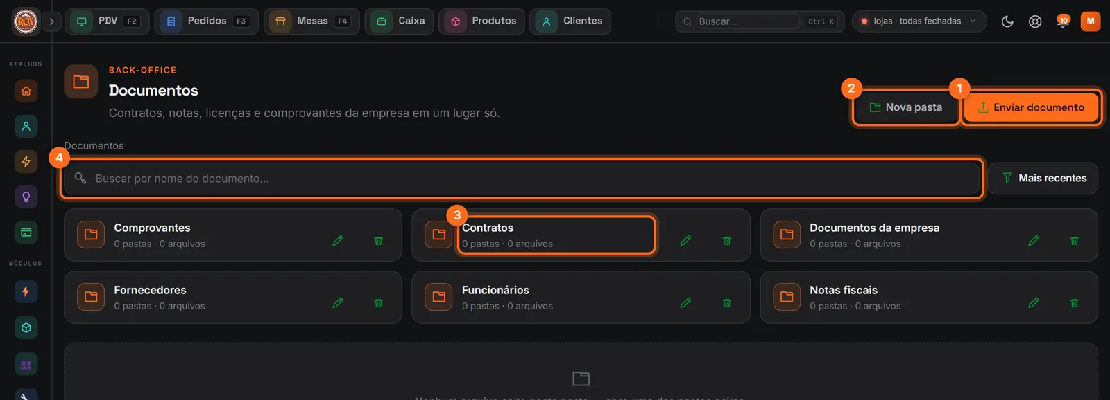 Documentos com Enviar documento, Nova pasta, uma pasta e a busca destacados