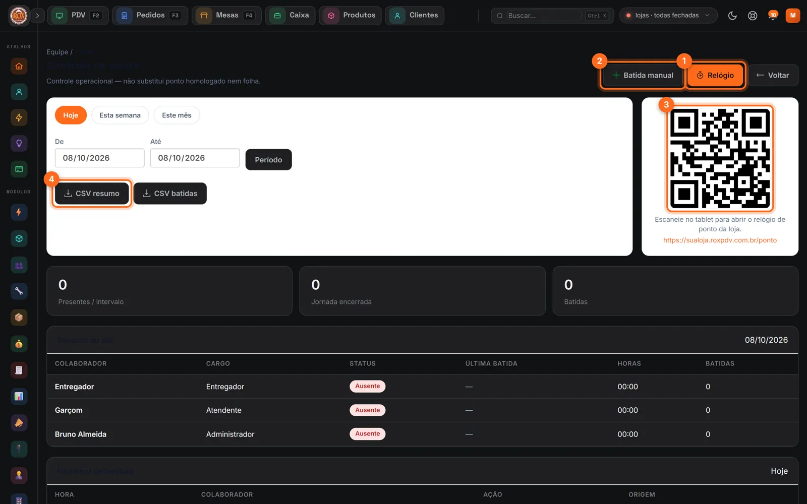 Tela de ponto com Relógio, Batida manual, o QR Code e o CSV resumo destacados