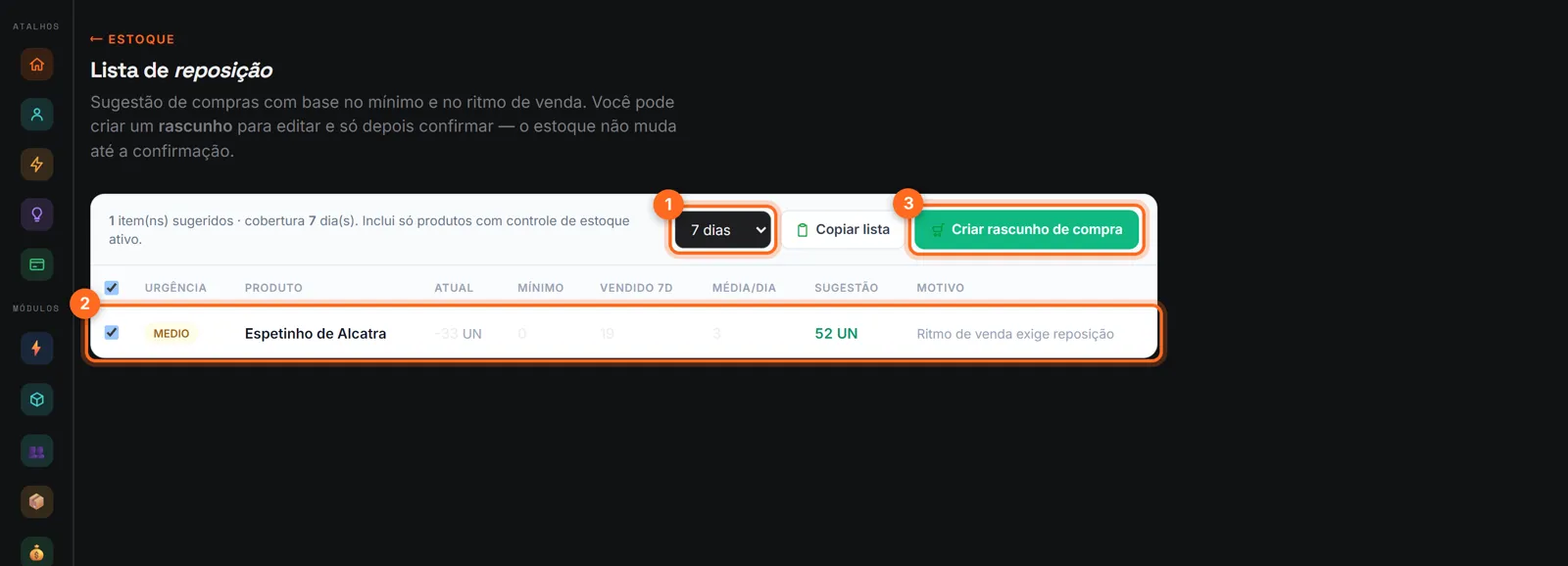 Lista de reposição com o período de cobertura, um produto sugerido e Criar rascunho de compra destacados