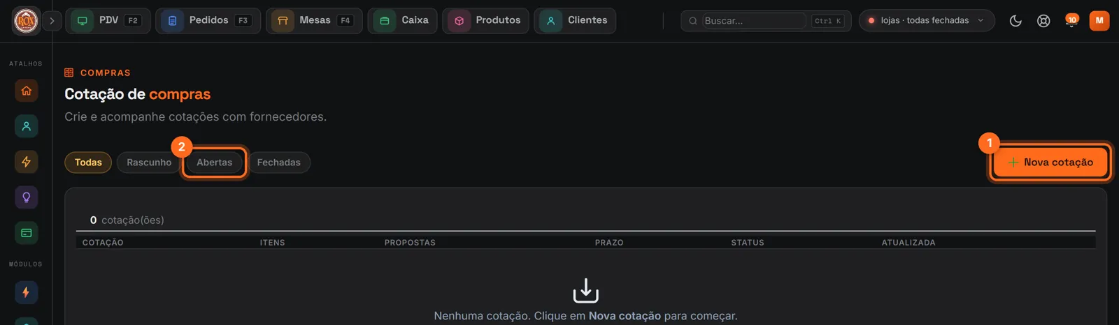 Cotação de compras com Nova cotação e a aba Abertas destacadas