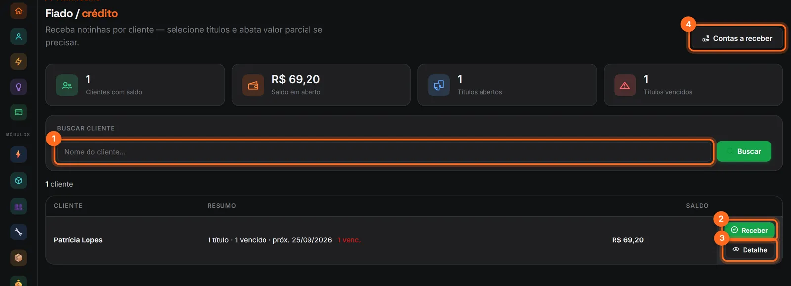 Fiado com a busca de cliente, Receber, Detalhe e Contas a receber destacados