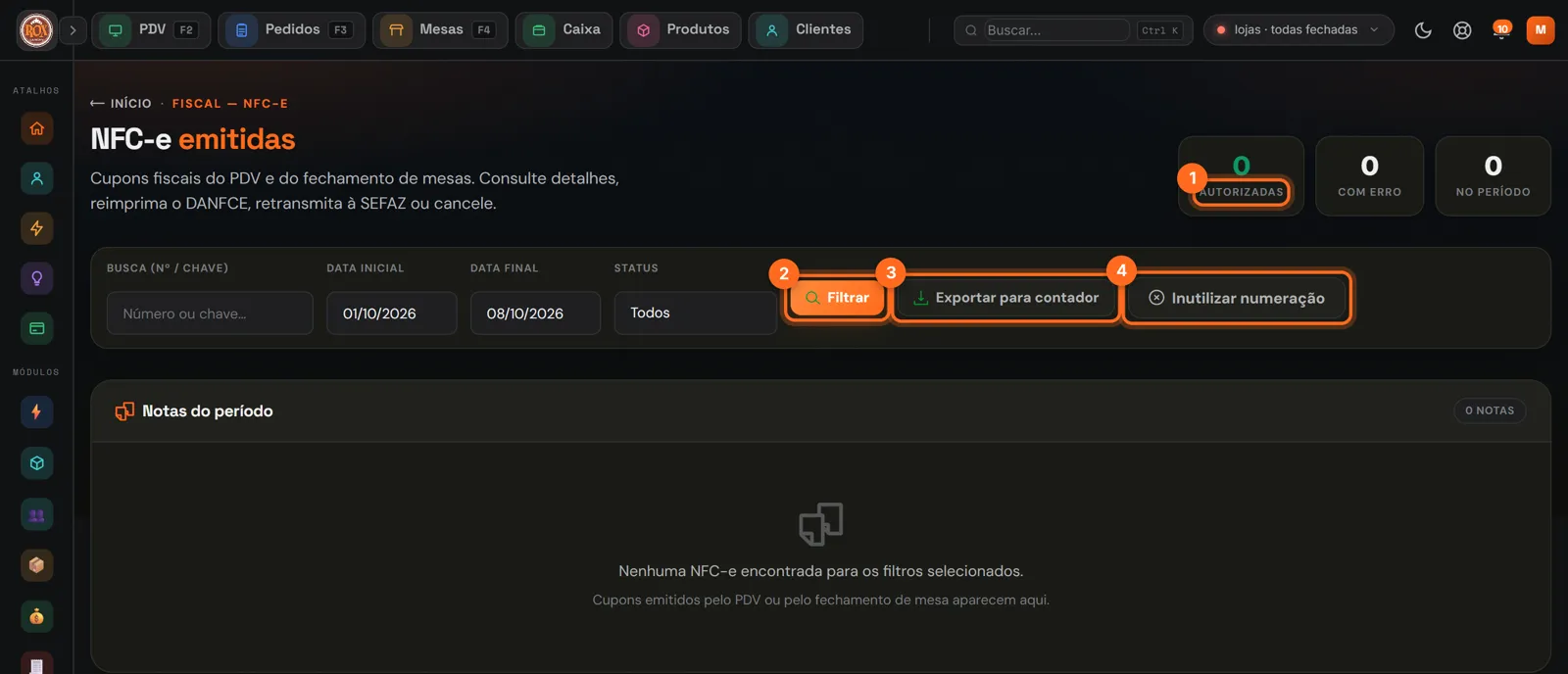 NFC-e emitidas com a busca, os filtros e as ações de cada nota