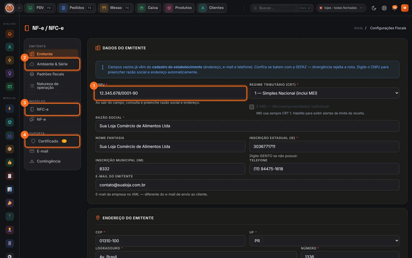 Configuração fiscal com o CNPJ do emitente e as seções Ambiente e Série, NFC-e e Certificado destacadas