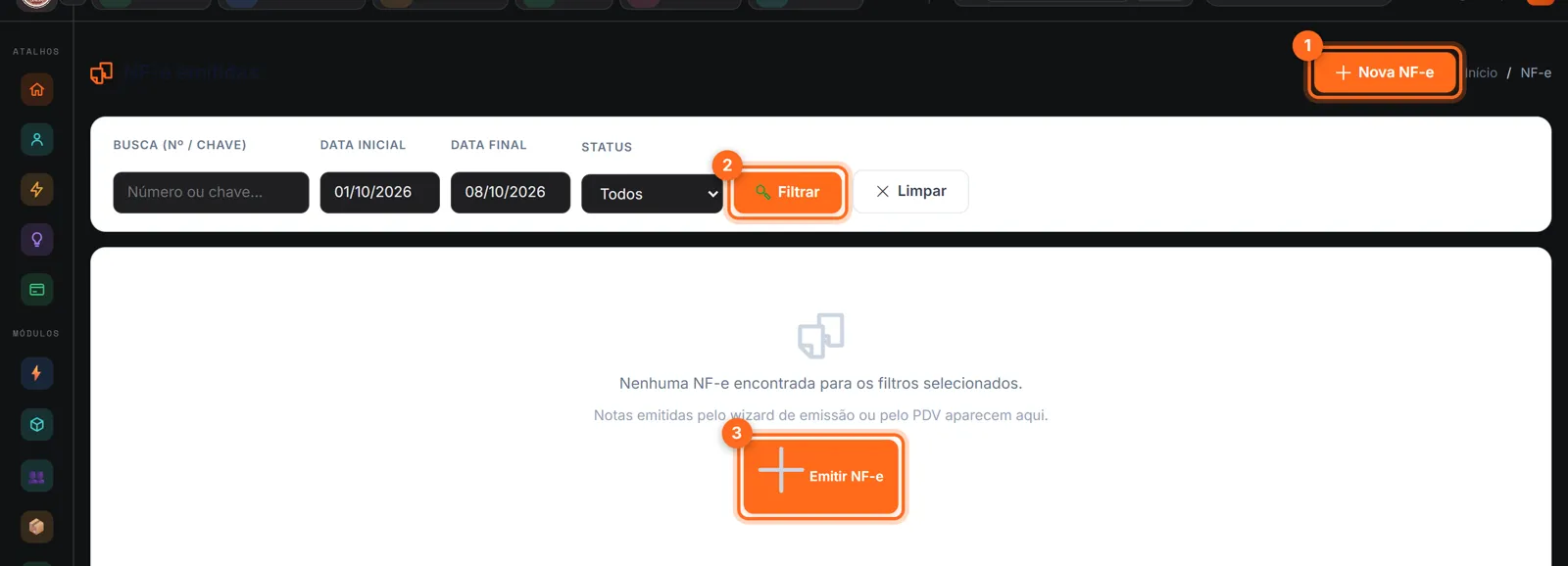 NF-e emitidas com Nova NF-e, Filtrar e Emitir NF-e destacados