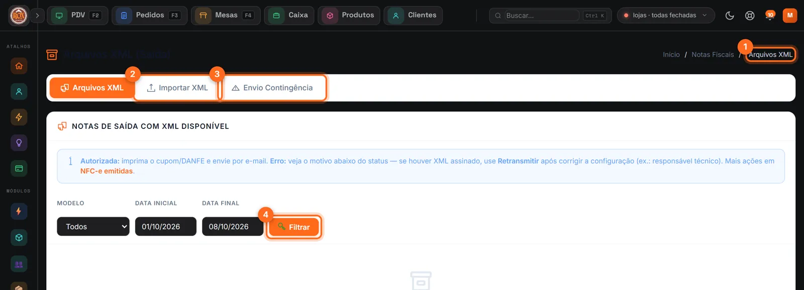 Arquivos XML com as abas Arquivos XML, Importar XML, Envio contingência e Filtrar destacados