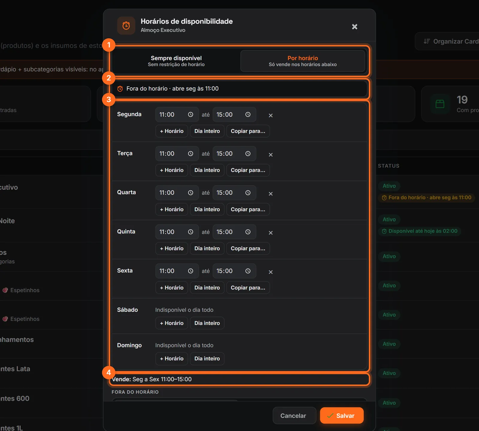 Editor de horários com o modo Por horário, a situação atual, a grade da semana e o resumo destacados