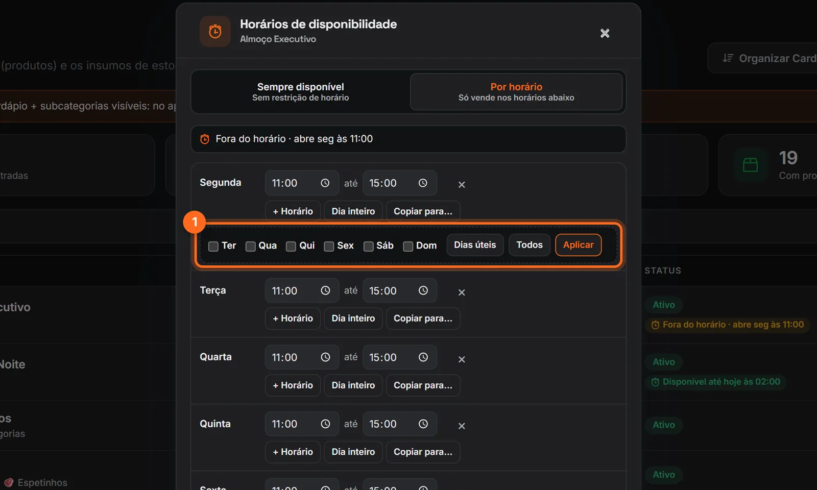 Painel de copiar horários para outros dias com os atalhos Dias úteis, Todos e Aplicar