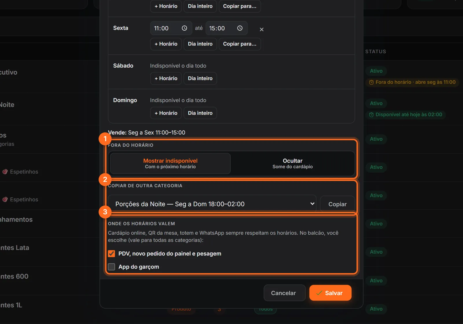 Opções Mostrar indisponível ou Ocultar, copiar de outra categoria e onde os horários valem