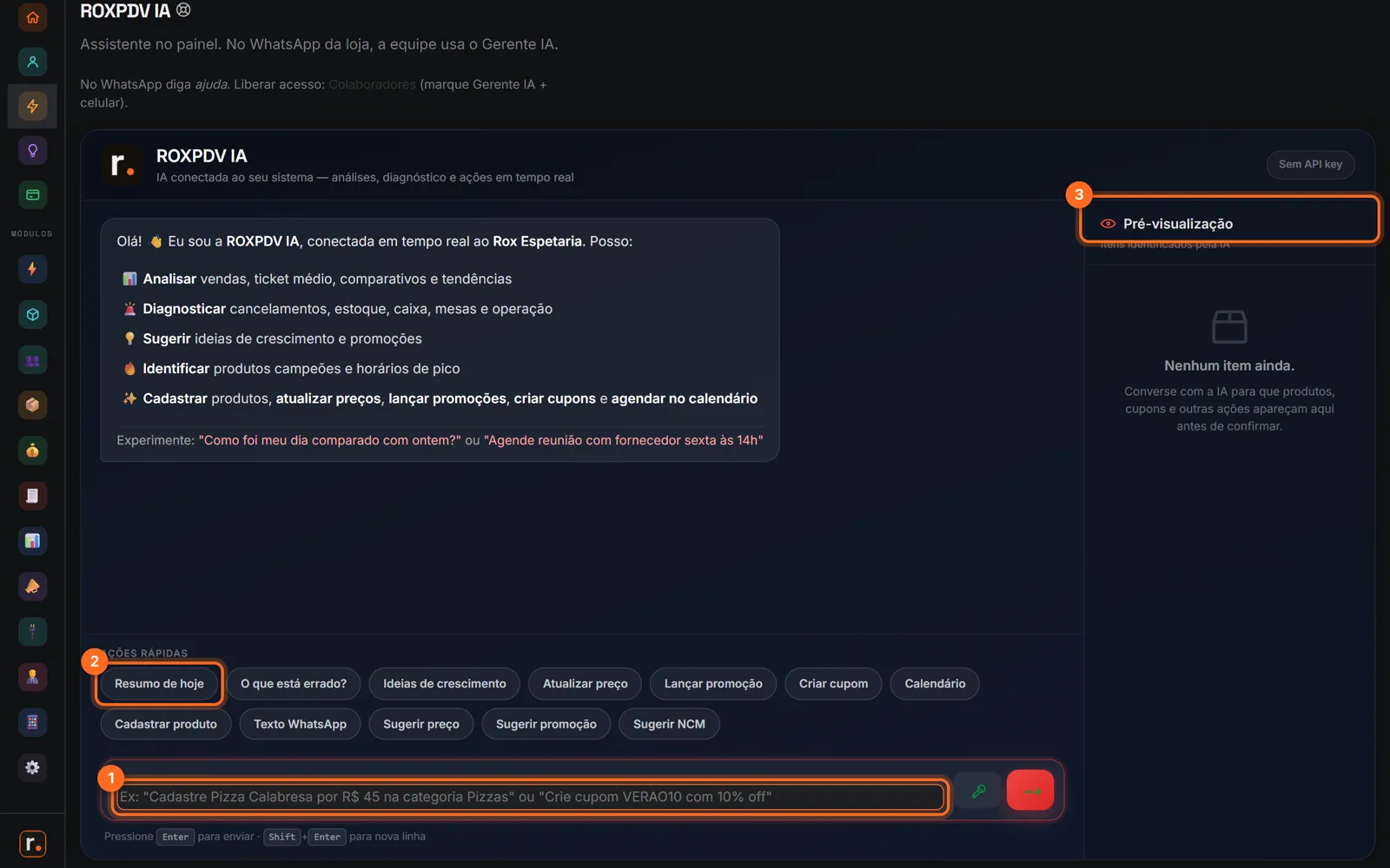 Tela da ROXPDV IA com o campo de mensagem, as ações rápidas e a pré-visualização destacados