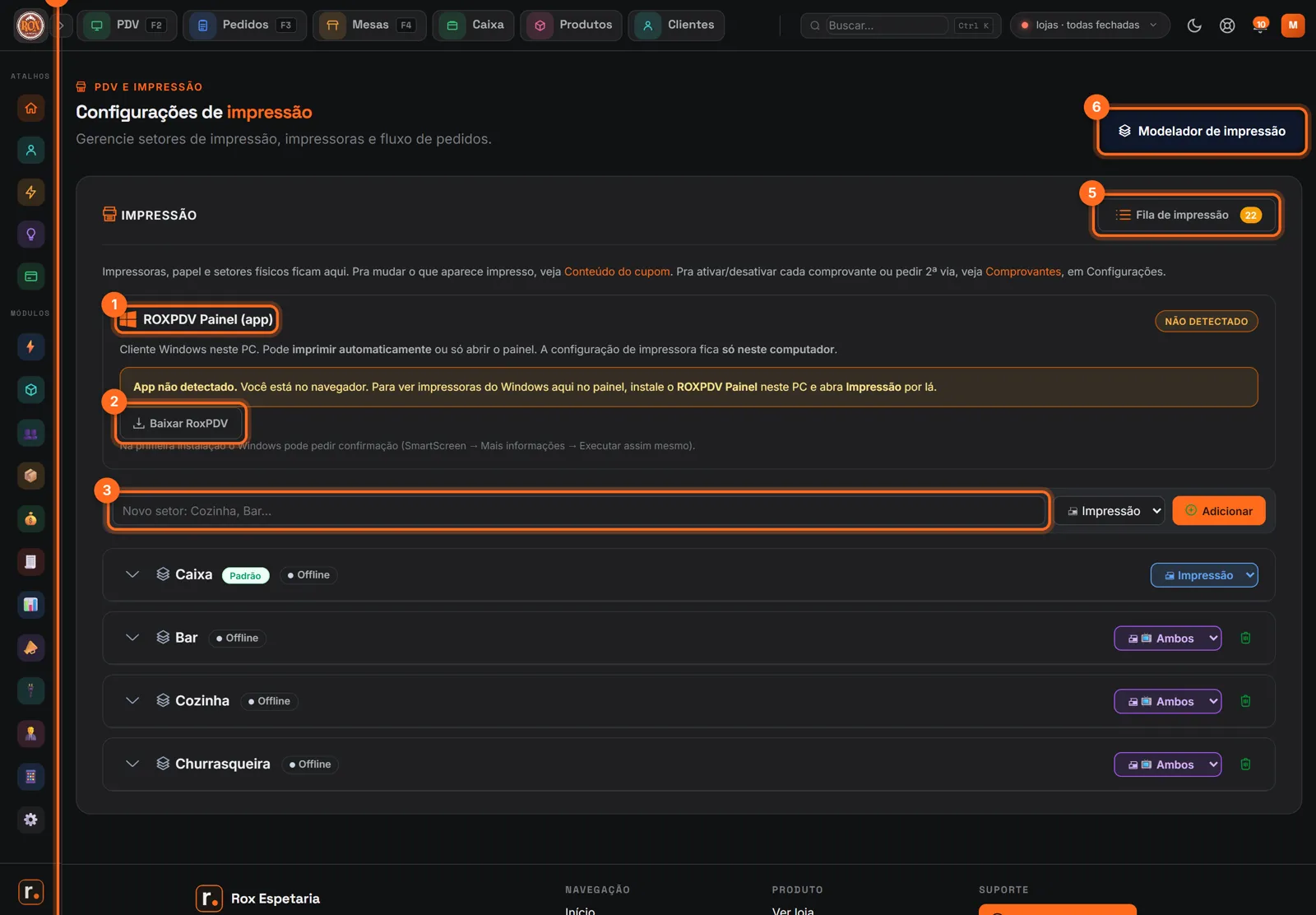 Configurações de impressão com o quadro do app ROXPDV Painel e o botão Baixar RoxPDV