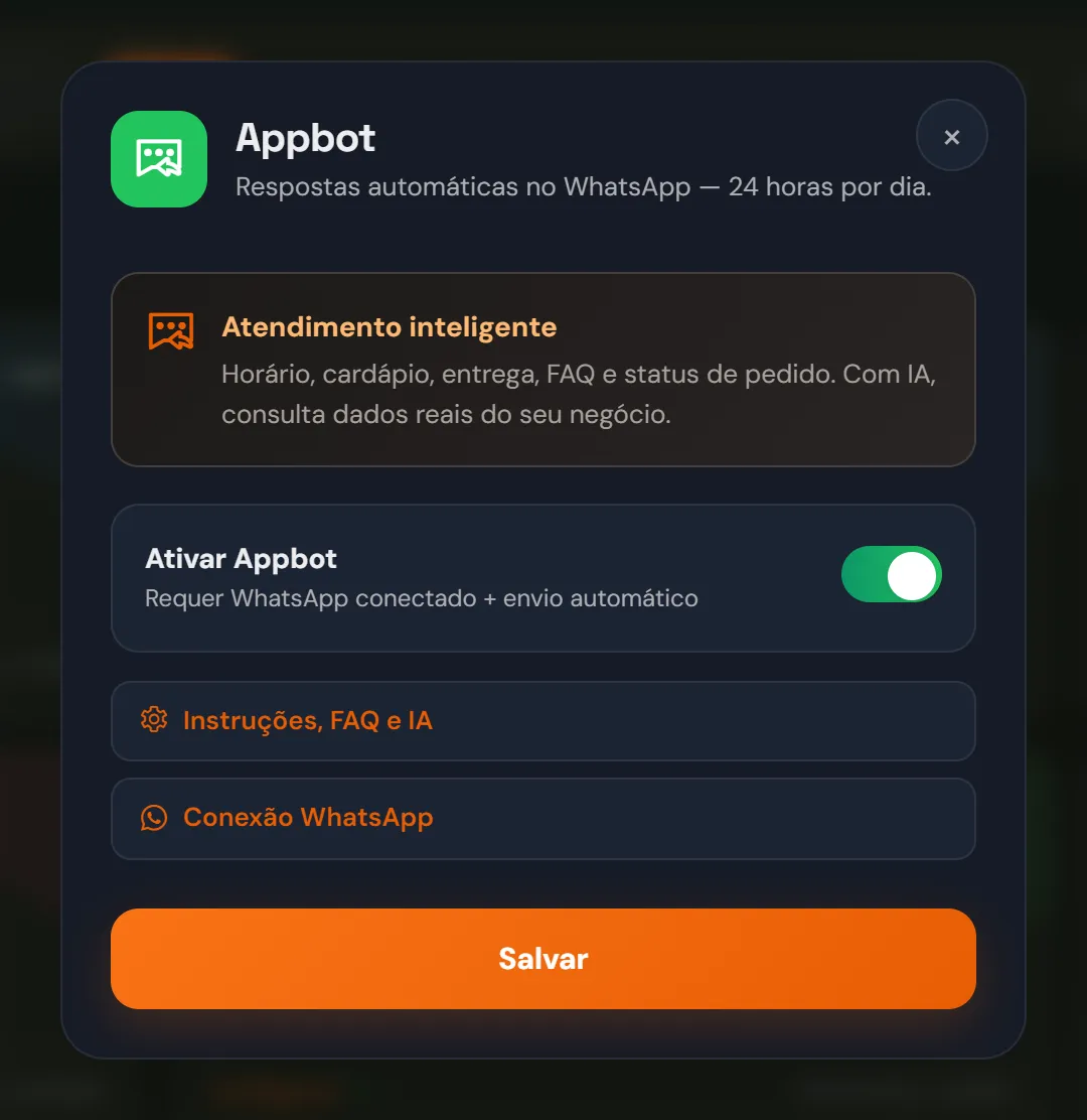 Configuração do Appbot com a chave Ativar Appbot