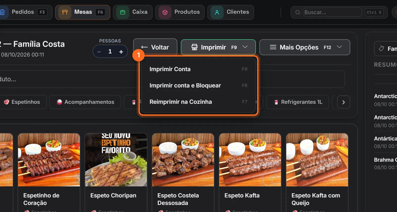 Menu Imprimir aberto com Imprimir conta, Imprimir conta e bloquear e Reimprimir na cozinha