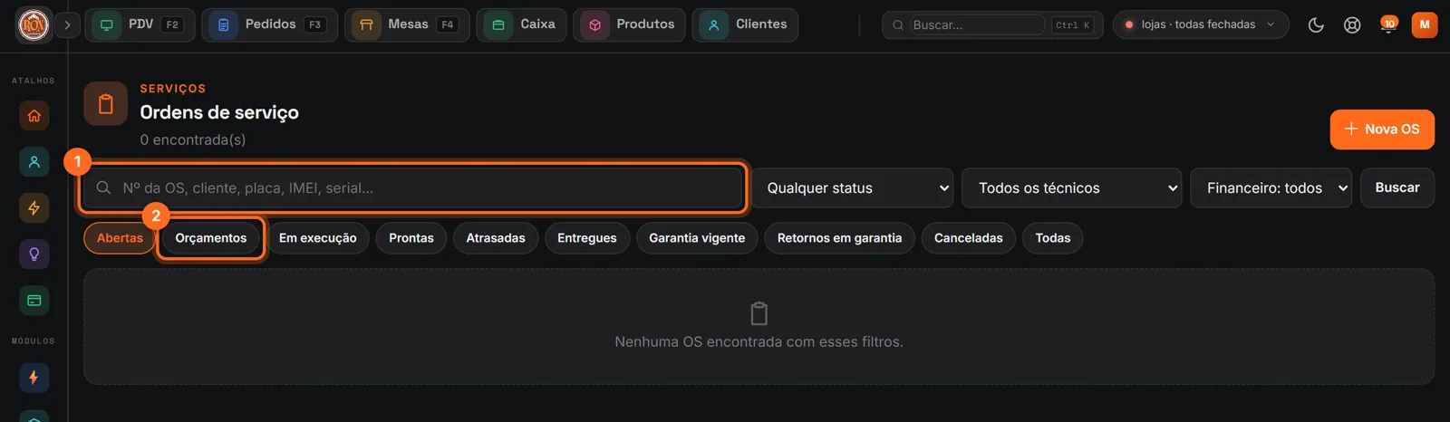 Lista de ordens de serviço com a busca e as abas de status destacadas