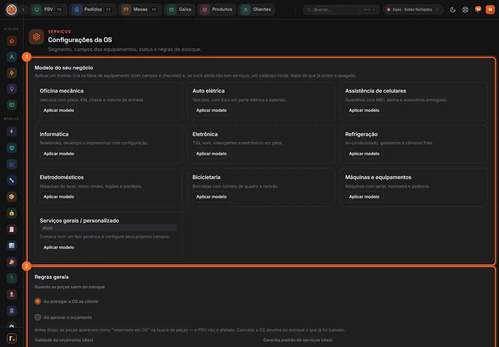 Configurações da OS com o modelo do negócio e as regras gerais destacados