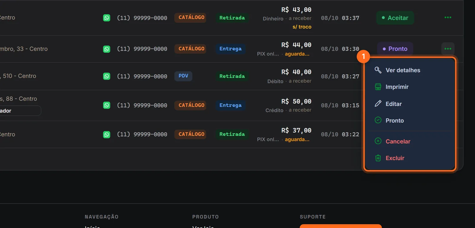 Menu de ações do pedido aberto com Ver detalhes, Imprimir, Editar, Pronto, Cancelar e Excluir