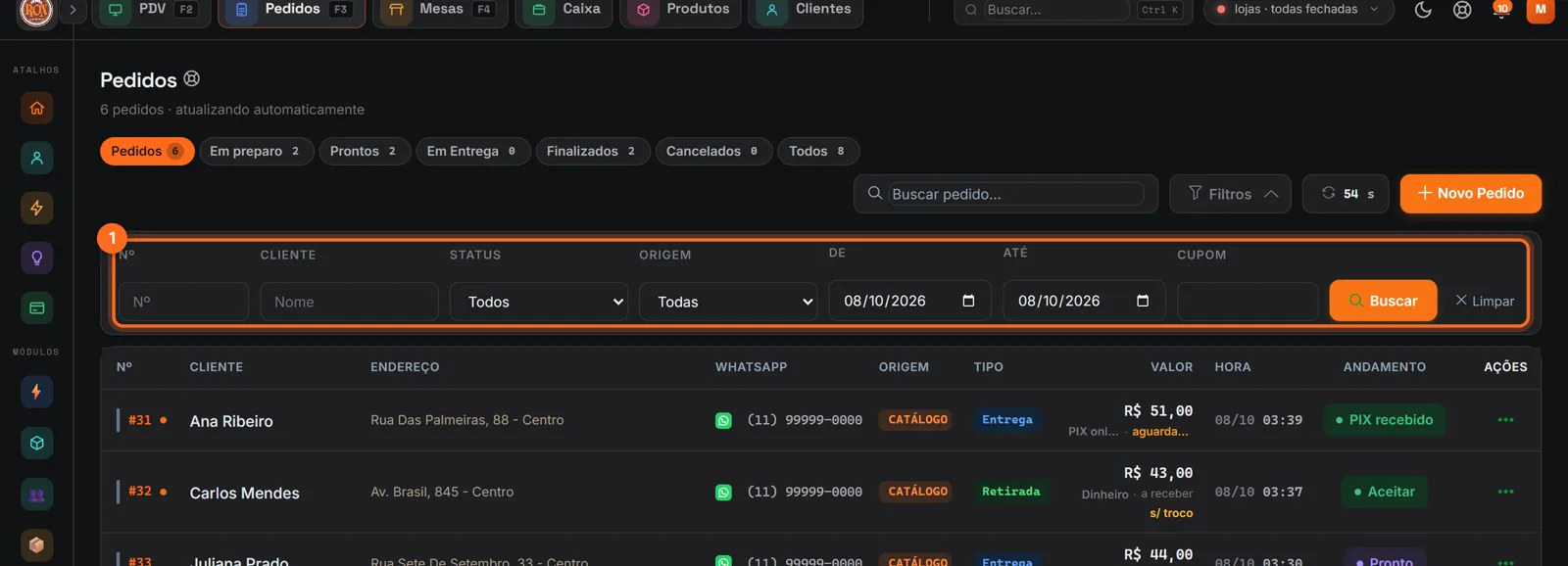 Filtros avançados com número, cliente, status, origem, período e cupom destacados