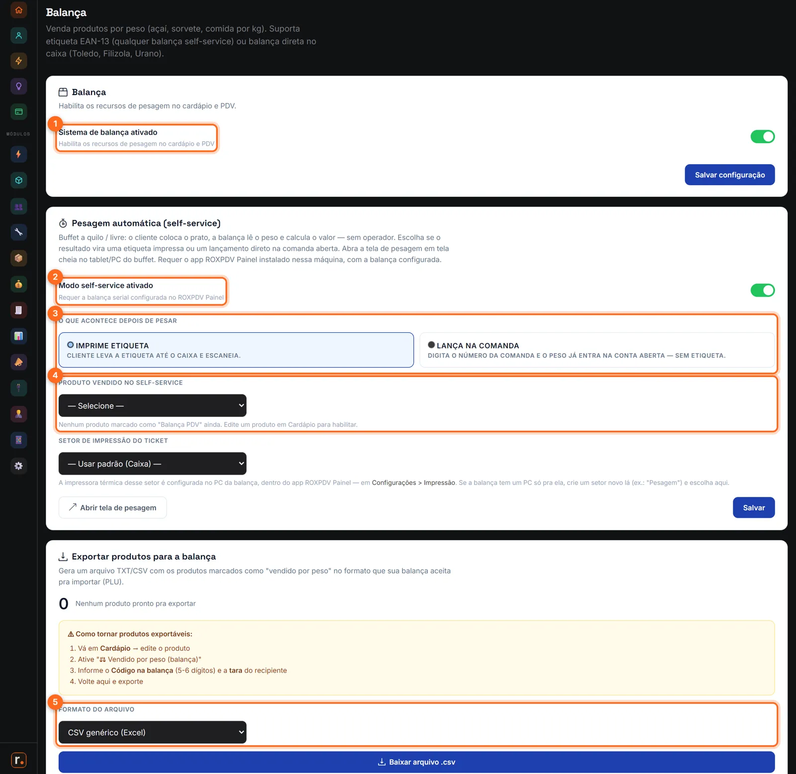 Configuração da balança com sistema ativado, self-service, o que fazer depois de pesar, produto e formato de exportação destacados