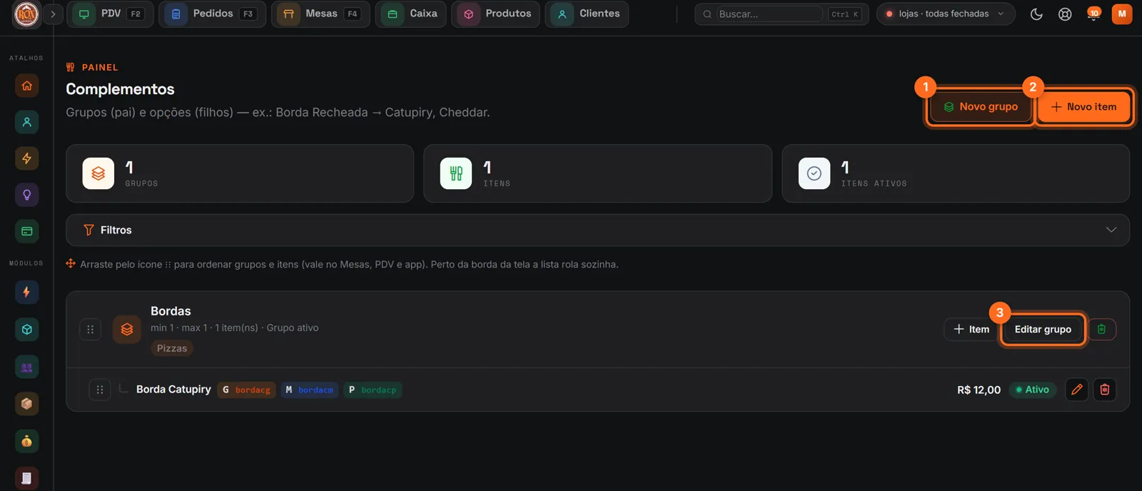 Tela de Complementos com Novo grupo, Novo item e Editar grupo destacados