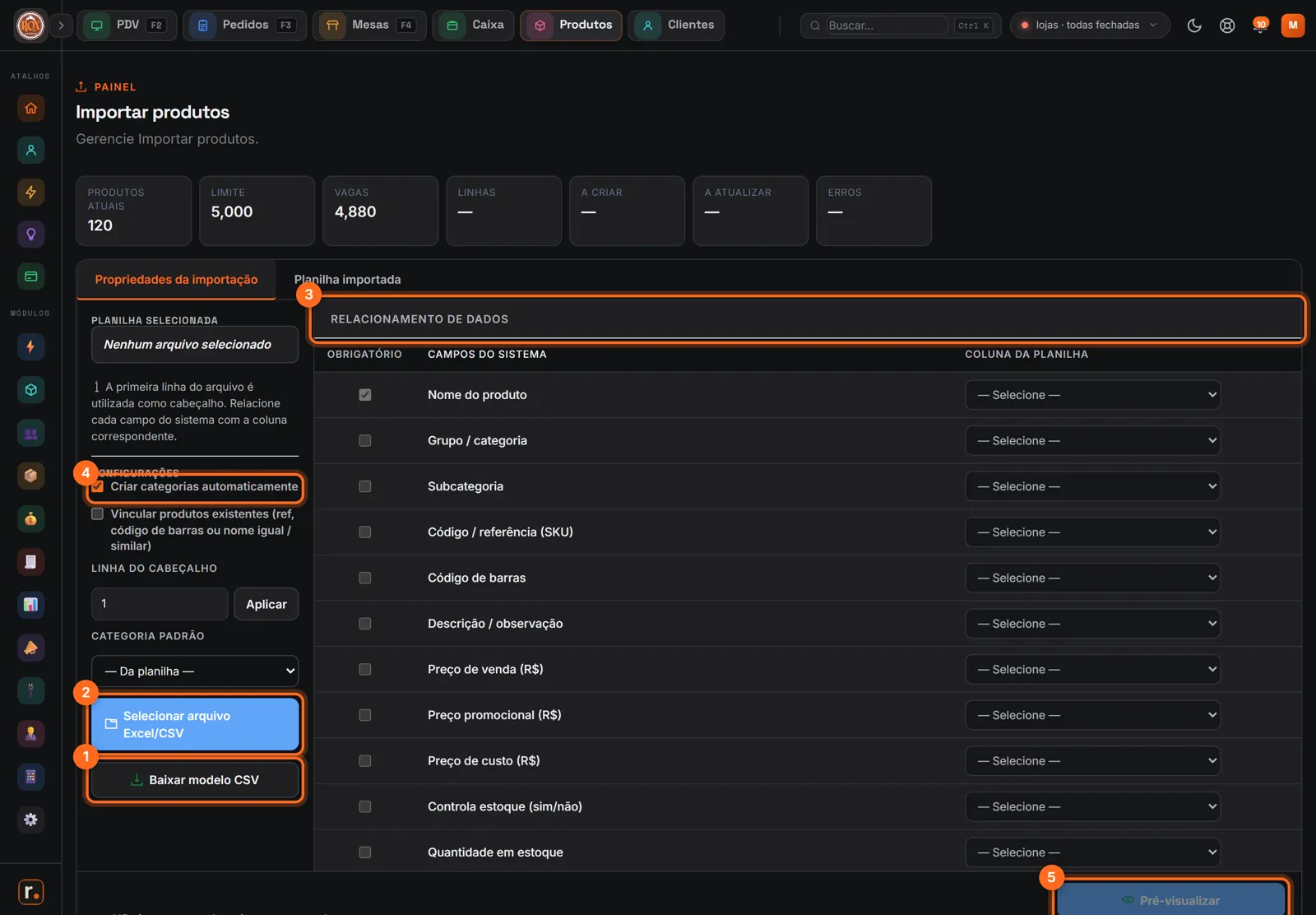Importar produtos com Baixar modelo CSV, Selecionar arquivo, Relacionamento de dados, Criar categorias e Pré-visualizar destacados