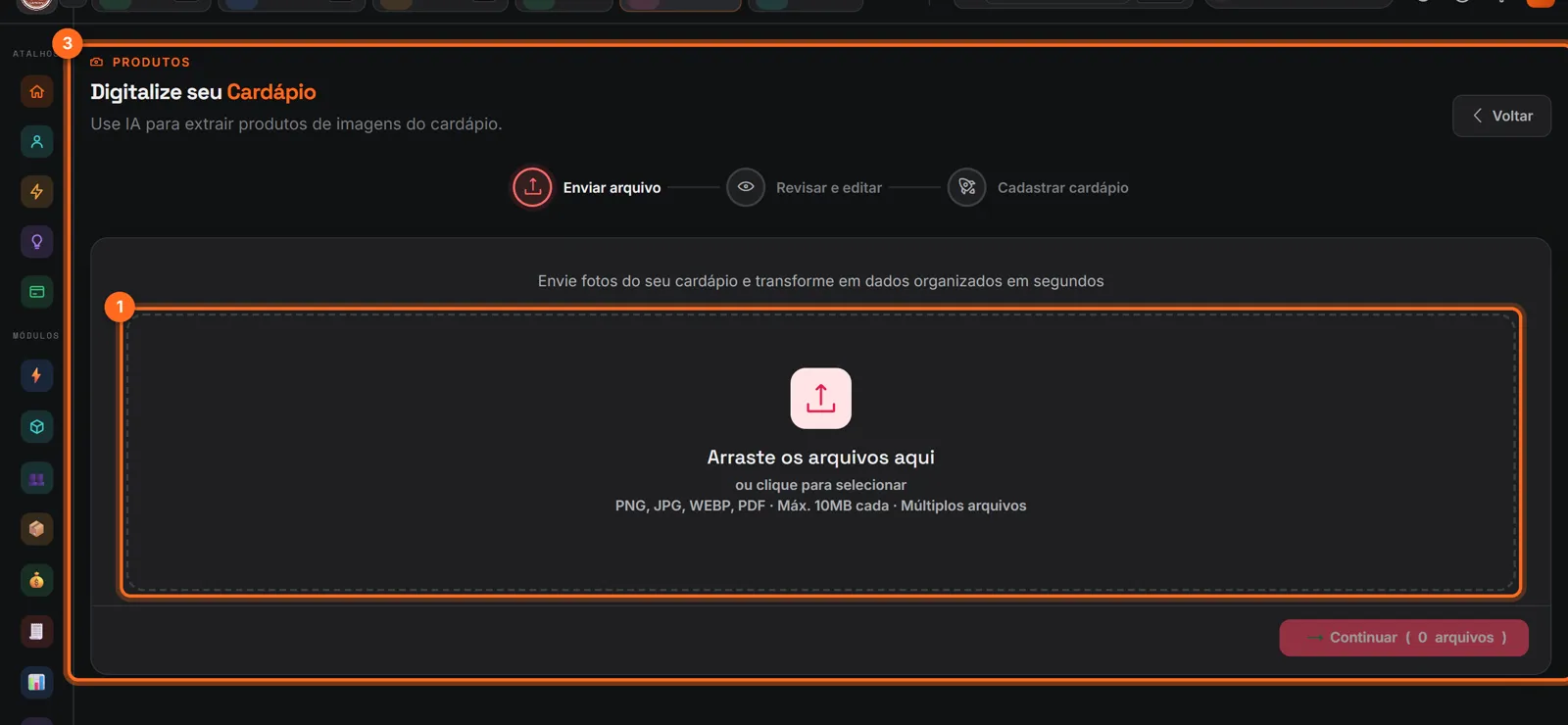Digitalize seu cardápio com o envio de arquivos e as etapas revisar e cadastrar destacados