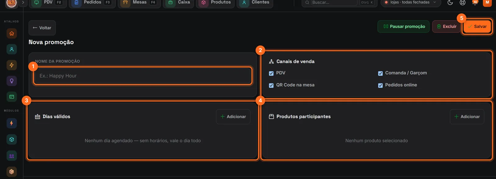 Nova promoção com nome, canais de venda, dias válidos, produtos participantes e Salvar destacados