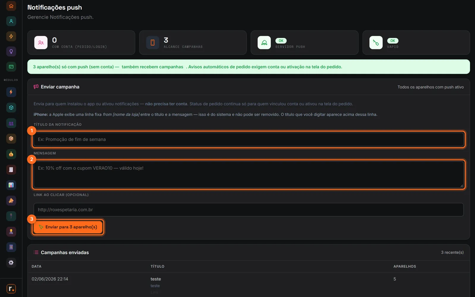 Tela de notificações push com título, mensagem e o botão Enviar destacados