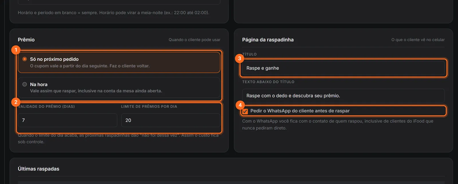 Quando o prêmio vale, validade, limite por dia, título da página e a opção de pedir o WhatsApp destacados