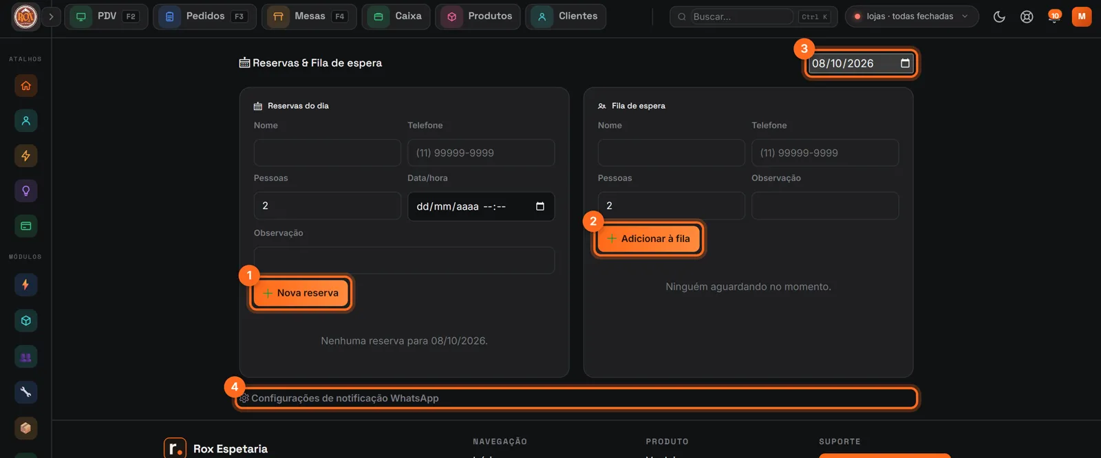 Reservas e fila de espera com Nova reserva, Adicionar à fila, a data e as notificações de WhatsApp destacadas