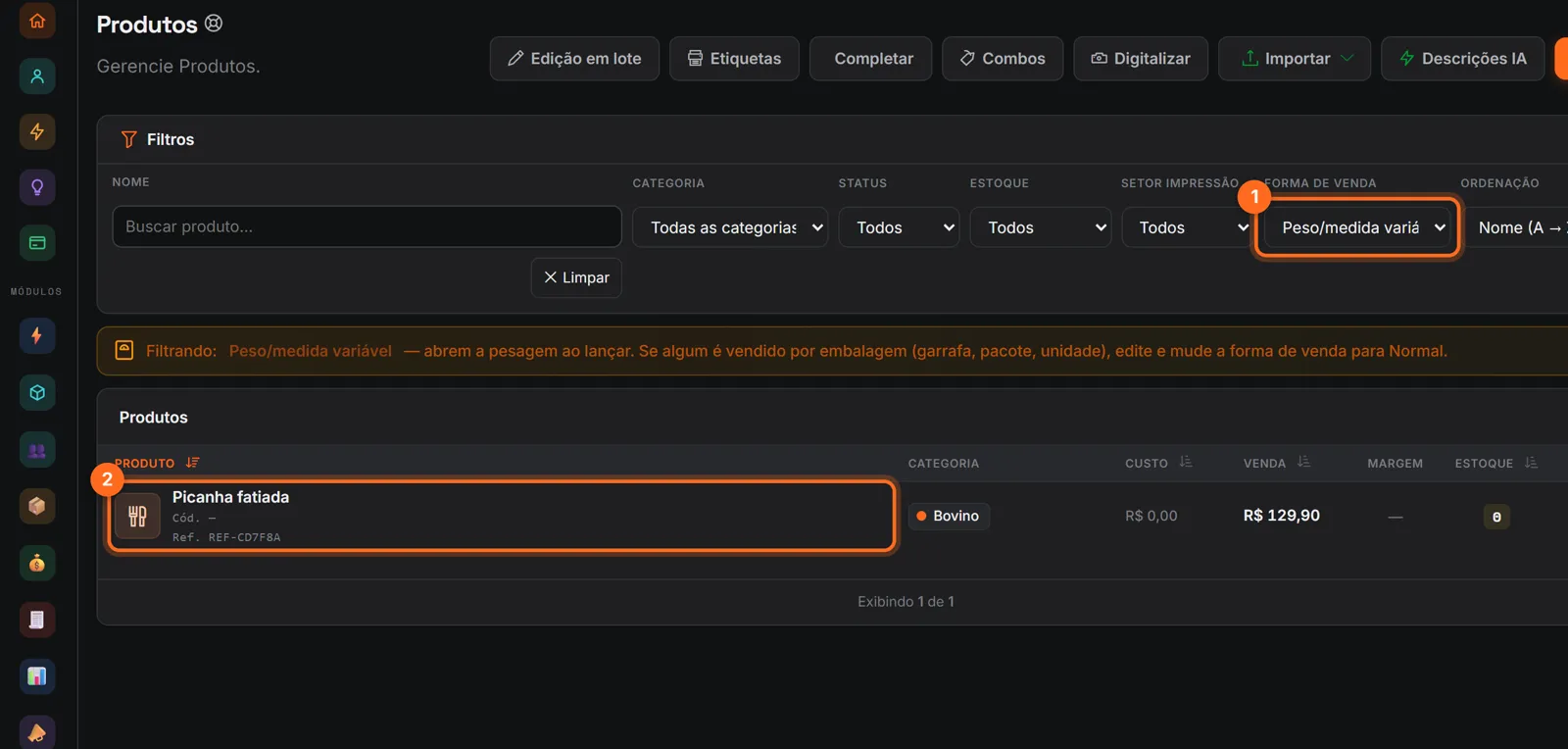 Filtro Forma de venda em Peso/medida variável e o produto listado