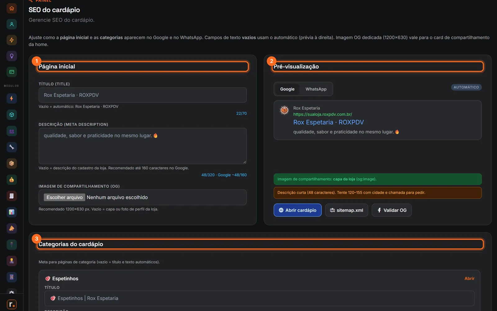 SEO do cardápio com a página inicial, a pré-visualização e as categorias destacadas