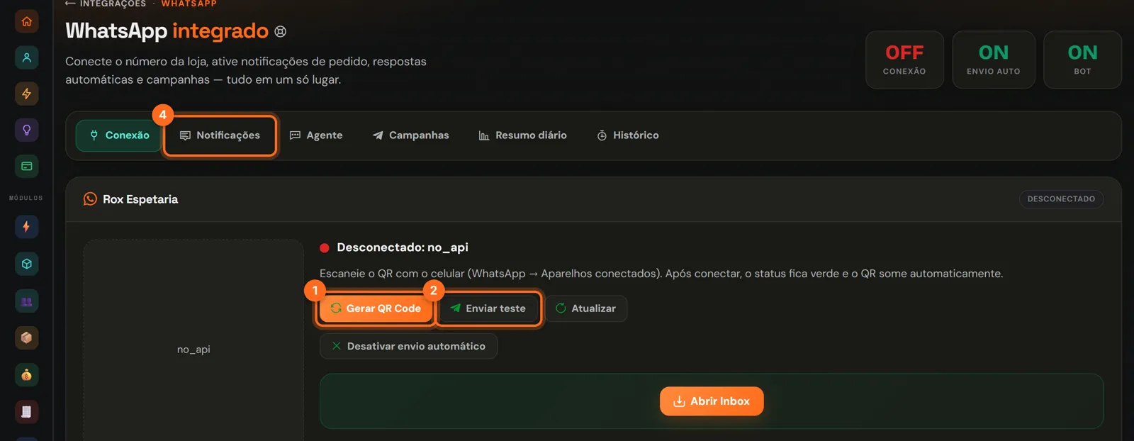 WhatsApp integrado com Gerar QR Code, Enviar teste, Abrir inbox e a aba Notificações destacados