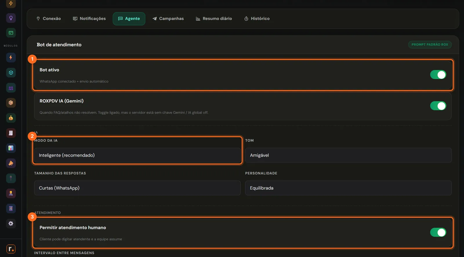 Configuração do agente com Bot ativo, Modo da IA e Permitir atendimento humano destacados