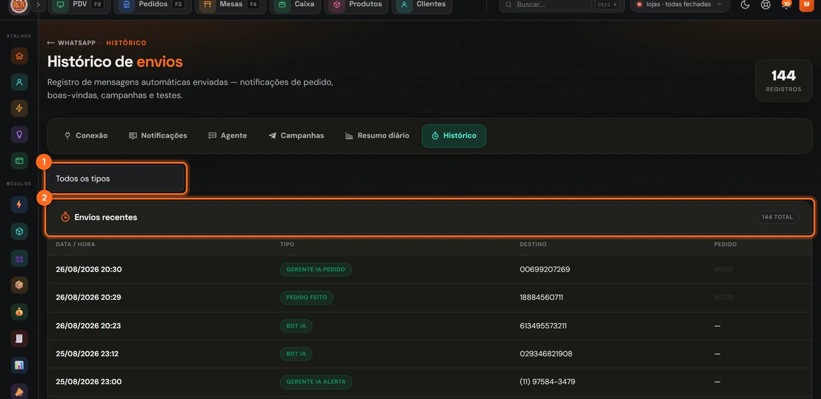 Histórico de envios com o filtro de tipo e a lista de envios recentes destacados